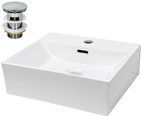 LuxeBath Waschbecken Keramik 415x360x130 mm eckig Weiß mit Ablaufgarnitur Silber, Aufsatzwaschbecken Badezimmer/Gäste-WC, Aufsatzbecken, Hängewaschbecken Wandmontage, Waschtisch Waschschale Waschplatz