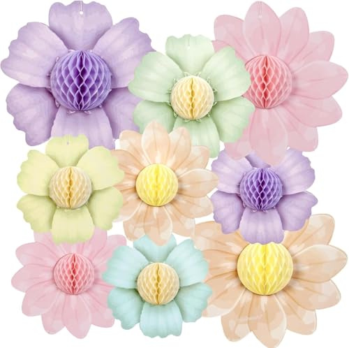 9er Set Pastellfarben Papierblumen Hängende Girlande 3D Blumen Honeycomb Bälle Party Dekorationen für Wand Geburtstag Hochzeit Hintergrund Klassenzimmer Baby Shower Gartenparty Tischdeko(17-25cm)