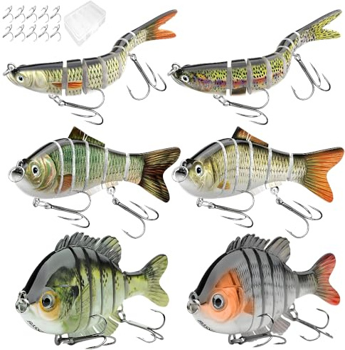 6 Pcs Fishing Lure Set with Durable Hard Plastic Tackle Box | Bass Trout Saltwater Freshwater Fishing Lures | Slow Sinking Lifelike Jointed Swimbait for Beginner & Pro Anglers