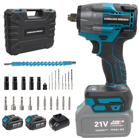 Purova Set avvitatore a percussione a batteria, 21 V, avvitatore a percussione senza spazzole con batteria da 4,0 Ah, 1000 N.m 1/2 pollici, con 24 accessori, per casa e auto (blu con 2 batterie)
