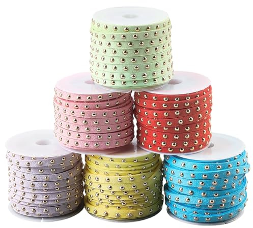 CALFOVERA 30m 6 Colori Cordino in Finta Pelle Scamosciata con Borchie 5mm Striscia Piatta in Pelle PU Nastro Punk Perline Filo Corda con Rivetti in Alluminio per Collana Braccialetto Creazione