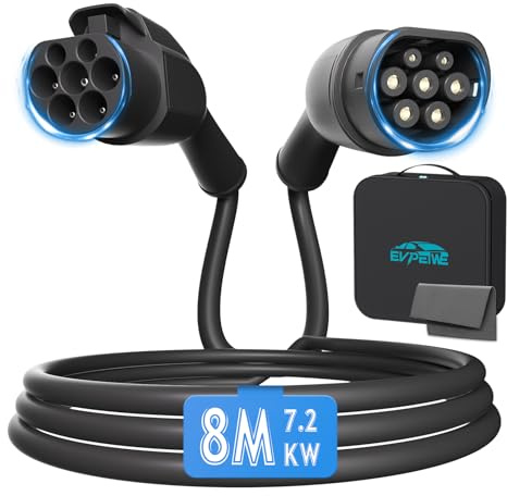EVPEIWE Cable de Extensión para Carga de Coche Eléctrico Tipo 2 | 7.2KW | 32A | Monofásico | 8M | Cable Alargador Tipo 2 con Bloqueo de Seguridad para VE y Híbridos Enchufables, IP54