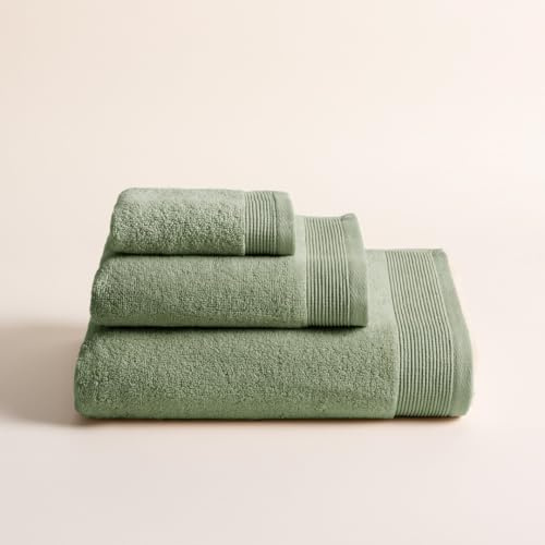 BOHEME Juego de 3 Toallas Harmony Verde Claro con Toalla de Ducha | Incluye 1(30x50 cm), 1(50x100 cm) y 1(70x140 cm). 100% algodón Zero Twist 600 g/m². Suaves y absorbentes.