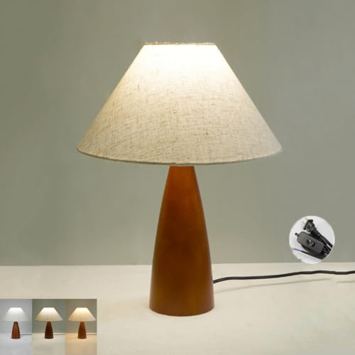 LOGT Nachttischlampe mit Schalter 3 Farbtemperaturen Tischlampe Holz Tischleuchte mit Weißer Lampenschirm aus Stoff E27 Leselampe mit 1m Stecker Kabel für Schlafzimmer Wohnzimmer Kinderzimmer