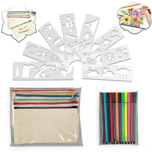 HSYTEK 6 Stück Stoffbeutel zum Bemalen, DIY Blanko Stofftasche mit 8 Malschablonen und 12 Bunte Stifte, 21 x 12 cm Jutebeutel mit Reißverschluss für Schreibwaren, Kosmetik, Toilettenartikel (weiß-1)