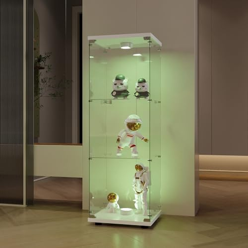 KeepGoon Schrank für moderne Glassammlung mit drei Schichten, Glasvitrine mit 3 Regalen und 1 Tür, mit LED-Beleuchtung, geeignet für Wohnzimmer, Schlafzimmer, Büro, Weiß
