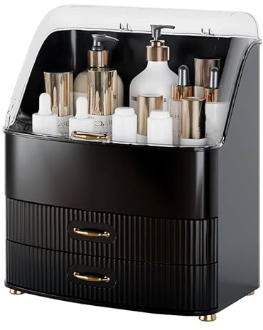 lurcns Makeup Organiser with Drawers Skincare Organizers for Vanity Storage Box with Lid Drawers Large Cosmetic Display case for Dresser Bathroom Countertop(Black)