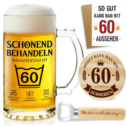 60 Geburtstag Männer Bierkrug 0,5 L mit Flaschenöffner und Holzuntersetzer | Personalisierte Biergläse Geschenk 60. Geburtstag Mann, Geburtstagsgeschenke für Männer Papa Ehemann Opa Freund Kollegen