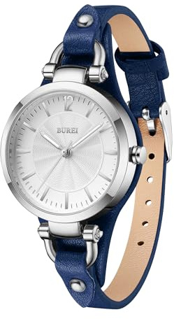BUREI Women Watches Simple Leather Strap Watch Luxury Quartz Watches Small Thin Ladies Watch Bracelet Band Wristwatch Relogio Feminino (Silver Blue)