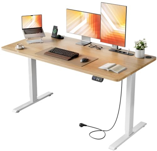 HLFURNIEU Bureau Assis Debout Electrique, 100 x 60 cm, Table Reglable Hauteur, avec Prise Intégrée, Port USB, 2 Positions Mémorisables, Couleur du Bois