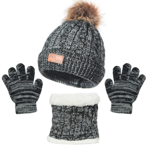 Set de Bufanda Gorro y Guantes, Conjunto de Bufanda Sombrero y Gorro Niño Invierno, Gorros con Pompon Lana NiñoBraga Cuello Polar y guantes de punto cálidos para niño 2-6 Años