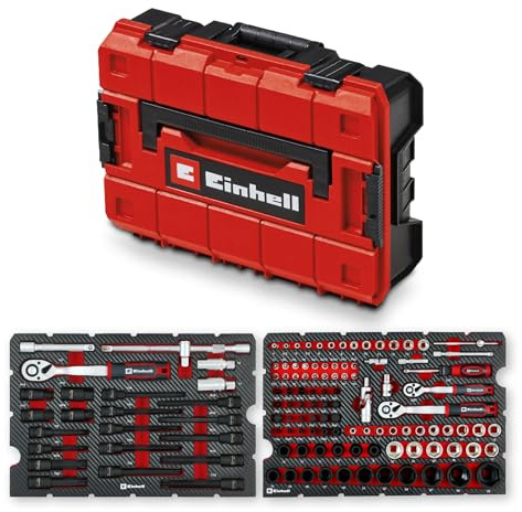 Original Einhell E-Case coffret à outils 121 pièces automobile (pro automobile, jeu de douilles, douilles porte-embouts, embouts impact, douilles bougie, cliquets réversibles, coffret système)