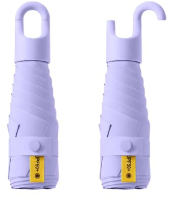 Mini Travel Folding Umbrella With Rotating Open&Close Ring Carabiner Handle for Women Kids - Micro Portable Umbrella Fits Pocket&Handbag,Small Compact,UV Protection,Anti Sun,Teflon,6 Ribs,Rain