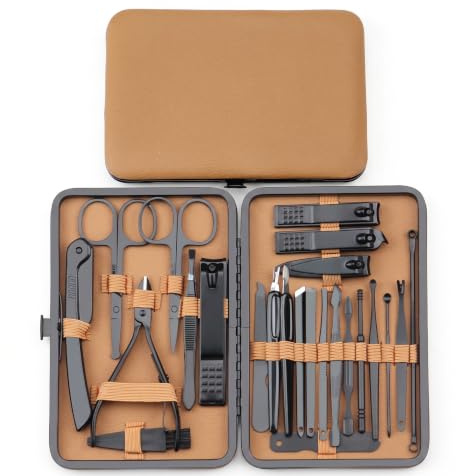 Kit Manucure Pédicure 24 Pièces en Acier Inoxydable Outils de Beauté Salon | Set Complet Professionnel, Soin des Ongles et Cuticule, Boîte de Rangement Marron