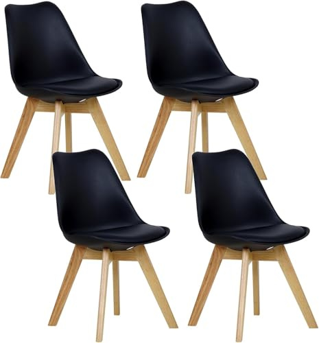 WOLTU Esszimmerstühle 4er Set, Skandinavische Küchenstühle Retro Design, Sitzfläche aus Kunstleder, mit Massivholz Beinen, bis 150 kg belastbar, Schwarz