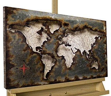 KunstLoft Metallbild 3D | 100% HANDGEFERTIGT | 60x40x4cm | Wandbild Metall Deko 'We Stay United' | Weltkarte | Silber Braun | Metall Wanddeko Wohnzimmer
