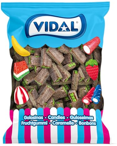 Vidal Golosinas. Ladrillos Rellenos Pica Cola. Regaliz en forma de ladrillo con sabor a cola y cobertura ácida. Textura masticable y divertida. Sin gluten ni grasa. Bolsa 250 u