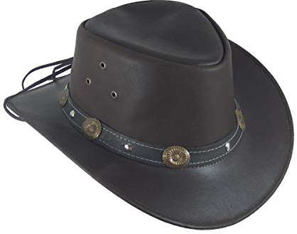 Western Ranch Lederhut Westernhut Cowboyhut mit Kinnband Concha schwarz, braun (M, Braun)