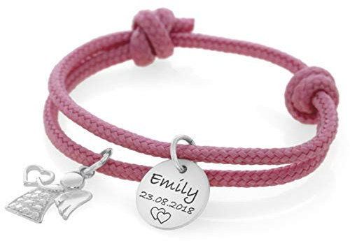 Taufarmband Gravur Mädchen Engel Rosa Schutzengel Armband Kinderarmband zur Taufe mit Namen Silberschmuck Baby Kinder Taufgeschenk pink
