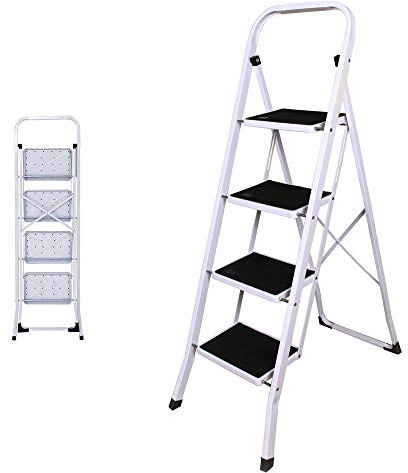 Portable Step Ladder -4 Step Metal Ladder with Rubber Anti Slip Tread Mats & Feet, Safety Sturdy Step Ladder, Heavy Duty 300lbs Max Capacity, perfect for Home, Kitchen, Garden, Garage