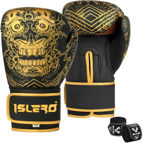 Islero Fitness Matte Black Boxing Gloves Men Punch Bag Women MMA Muay Thai Martial Arts Kick Boxing Sparring Training Fighting Gloves With Hand Wraps (Black, 16 OZ)