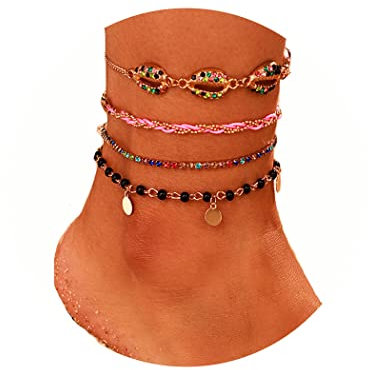 Handcess Boho flerskikts kristallskal vristlänk guldpaljetter ankelarmband flätade pärlor fotkedjor för kvinnor och flickor