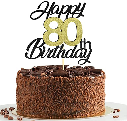 Sumerk 80 Tortenaufsätze zum 80. Geburtstag, Tortenaufsätze, Geburtstagsfeier, Dekorationszubehör, Gold und Schwarz, 1 Packung