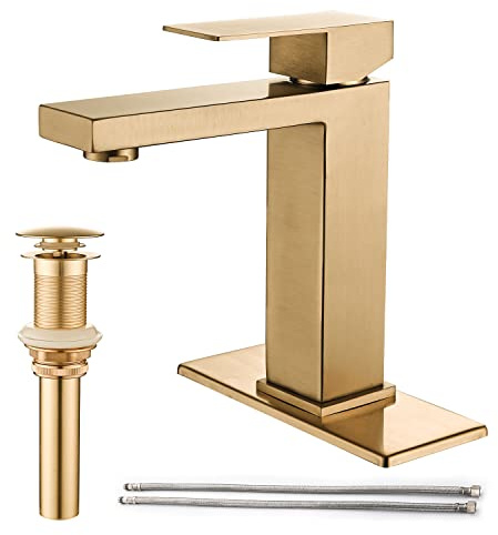 AVSIILE Brushed Gold Bathroom Faucet, Golden Single Hole Vanity Bath Faucet, Single Handle Modern Stainless Steel Bathroom Faucets for Sink 1 Hole with Pop Up Drain Stopper & Water Supply Hoses
