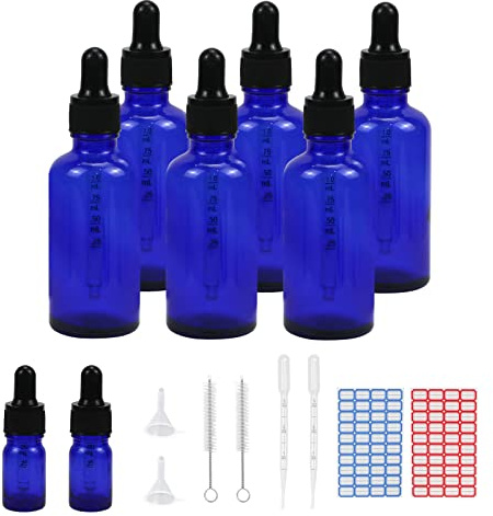 Episkey 6 Stück 50ml Pipettenflasche, Tropfflasche Blaue Glasflaschen Set inkl. 5ml mit schwarzer Pipettenkappe und Hilfszubehör für Ätherische Öle Parfüm DIY-Probenmischungen (Blau, 50ml)