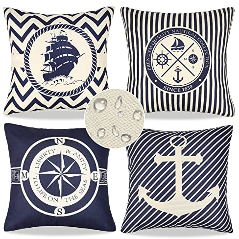 EliteHomeComforts 4 Pack Nautical Maritime Cushion Covers Coastal Anchor Sailboat Pattern Throw Pillow Covers Outdoor Waterproof Linen Pillowcase Summer Pillow Case for Sofa Bed
