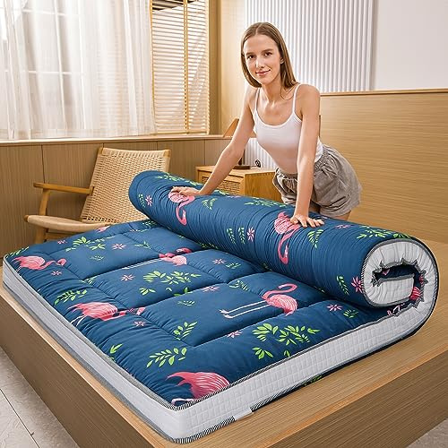 MAXYOYO Colchón tipo futón japonés, acolchado, cubrecolchón de cama, extra grueso, plegable, transpirable, cama de invitados para camping (flamenco, 135 x 200 cm)