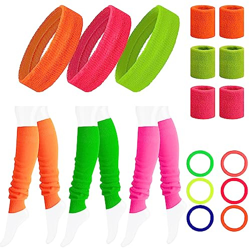 21-Teiliges 80er 90er Jahre Schweißbänder Set, Vintage Neon Stirnband Armband Beinwärmer, DREI Helle Farben Damen Sport Schweißband für 80er 90er Kostüm Party Fasching Karneval Zubehör