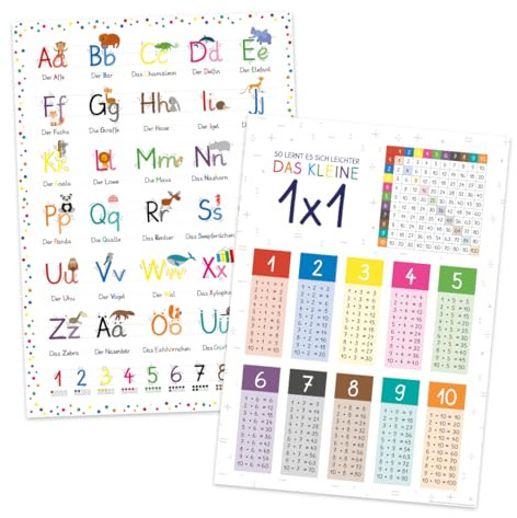 PuK Krämmer GmbH Lernposter Set Kleines 1x1 + ABC DIN A2 – Schreiben und Rechnen Lernen, Kinderzimmer Deko, Geschenk zum Geburtstag oder Einschulung