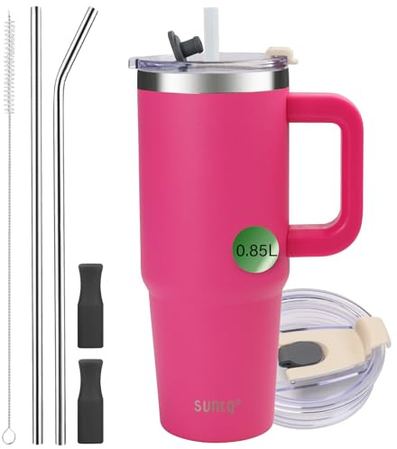 SUNTQ 850ml/30oz Tumbler mit Griff, Doppelwandige Vakuum Isolierte Wasserflasche mit Stroh und Deckel, Edelstahl Reise Kaffeebecher, Thermische Tasse für Getränke, Fit in Becherhalter(Rubinrot)