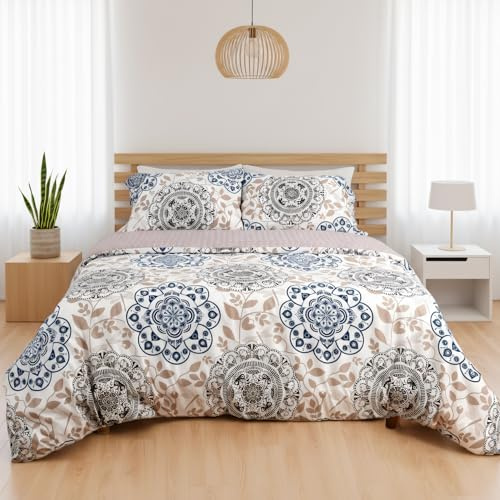 H HANSEL HOME Funda Nordica Cama 180 de 4 Piezas Transpirable Suave al Tacto 100% Microfibra, Funda Edredón 240x260cm, Bajera 180x200cm con 2 Fundas de Almohada 50x100cm - Mandala
