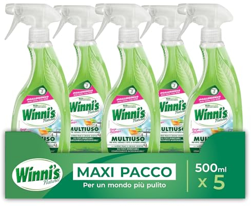 Winni's - Detergente Spray Multiuso Ipoallergenico, Azione Pulente su Vetri, Specchi e Superfici Lavabili, Senza Risciacquo, con Materie Prime di Origine Vegetale, 500 ml x 5 Confezioni