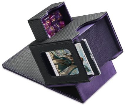 Mage Tech Caja de Mazos Commander para MTG - Diseño Patentado, Exhibición de Commander, Apta para 100 Cartas con Doble Funda, Soporte Magnético de Cartas de 35pt & Bandeja para Dados - negro y morado