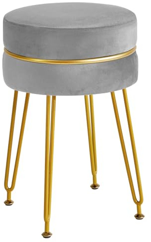 IBUYKE Samt Runder Fußhockel Ottoman, Eitelheitsstuhl Hocker, Grau L/G-40G | Moderner Make-up-Raum Gold Beine Akzent Hocker Schlafzimmer Wohnzimmer Eingang Büros