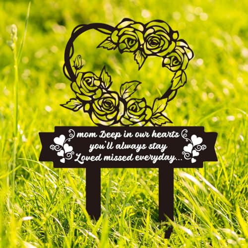 BEUNITONE Mom Heart Memorial Grave Marker 10.6 x 13.7 Metal Plaque with 2 Stakes for Cemetery or Garden