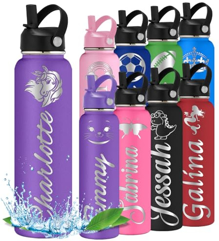Personalisierte Wasserflasche Trinkflasche mit Symbol-Namen, für Kinder, Teenager, Junge, Mädchen, zurück zur Schule Geschenk, Reisen,Fitnessstudio, Sport, Isolierflaschen mit Flip Stroh Griff Lila 1