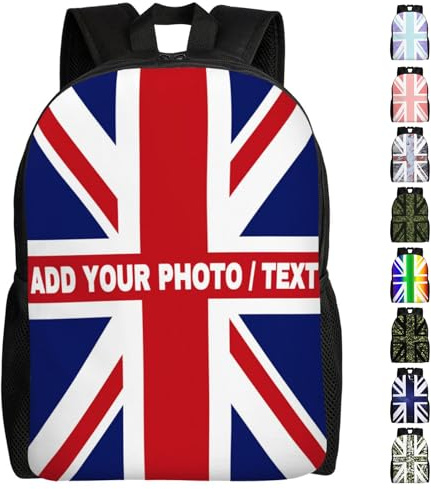 Custom Backpack Union Jack UK Flag Pattern Add Your Photo Logo Text Name Personalised Rucksack Britain Flag Style Casual Daypack Customised College Laptop Bag School Book Bag for Girls Boys Kids Adult