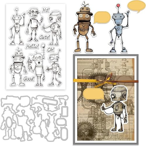 GLOBLELAND Transparenter Roboterstempel Roboterrahmen Stanzformen Set Täglicher Text Transparente Silikonstempel Metall Blasenbox Stanzungen Für Die Kartengestaltung Und DIY Prägungen Scrapbooking