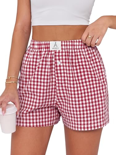 ANRABESS Women's Gingham Striped Pajama Boxer Shorts Red White Plaid Medium