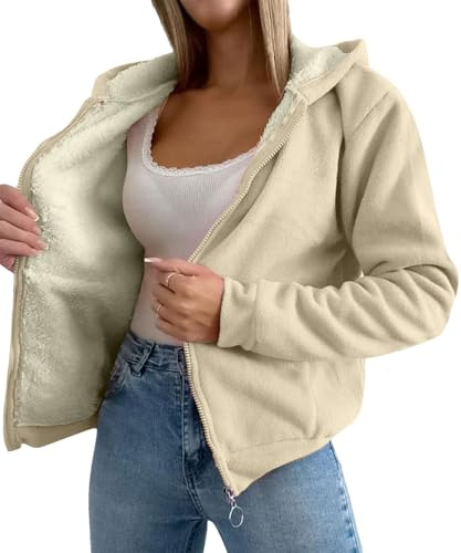 amropi Mujer Chaqueta Felpa con Capucha Sudadera Invierno Cálido Abrigo Forro Polar Casual Hoodies Beige,XL