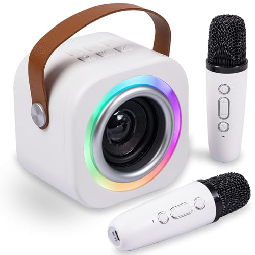 Mini máquina de karaoke para niños con 2 micrófonos inalámbricos, efectos divertidos de cambiador de voz, altavoz Bluetooth portátil con luces LED, soporte AUX/USB/TF, regalos de cumpleaños para niñas