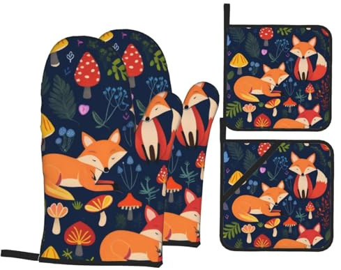 Niedliche Topfhandschuhe und Topflappen mit Tiermotiven, Fuchs, 4 Stück, isoliert, rutschfest, Ofenhandschuhe, Hot Pads zum Kochen, Backen, Grillen