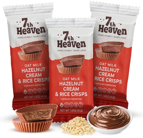 7th Heaven 42g Cups Rice Crisps & Hazelnut Cream Oat Milk Chocolate Pack of 3 – Vegan Chocolate Confection Made with Fair Trade Certified Cocoa – Non-GMO, Kosher Friendly Snack for Everyday Indulgence