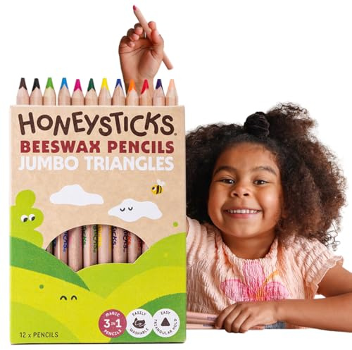 Honeysticks Little Learner Jumbo Dreikant Buntstifte für Kinder, 12er Pack | Dick, Vorschul Farbstifte mit Ungiftigem Bienenwachskern, Griffige Dreikant-Form, Leuchtende Farben, Malstifte ab 1 Jahr