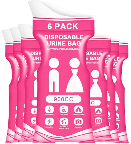 SZWLJ 6-Pack 900CC Pink Disposable Urine Bags for Camping Essentials | Portable Travel Potty with Leak-proof and Odor Control Features