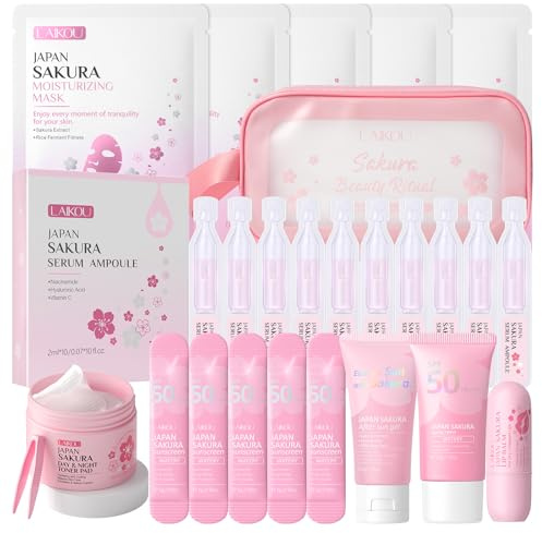 LAIKOU Sakura solskyddsmedel set ansikte och kropp, 16 stycken solskydd resa storlek set, med SPF50 solkräm apres sol gel läppbalsam essens fuktkuddar tygmasker toalettväska (16)